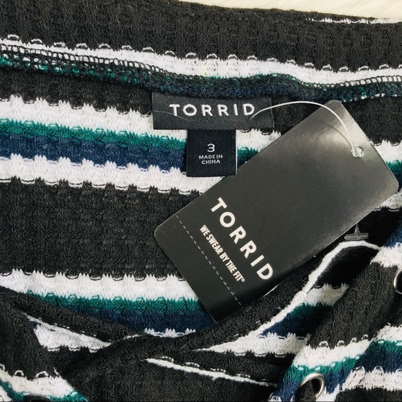 Torrid | Black Striped Long Sleeve Lace Up Henley - Picture 5 of 6